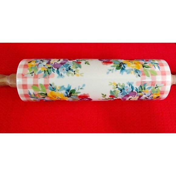 The Pioneer Woman Ceramic Rolling Pin Sweet Romance Blossom w/Acacia Handles NEW - Picture 2 of 12